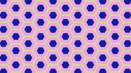 Abstract of colorful hexagon of same color and different surrounding rings.