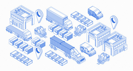 Set of isometric blue icons and elements showing trucks and warehouse of delivery service