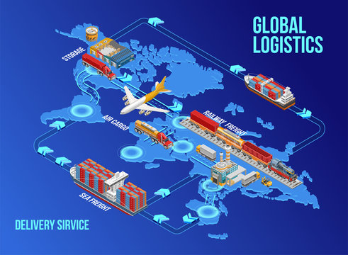 Isometric graphic structure of modern global logistics and delivery service depicted over world map