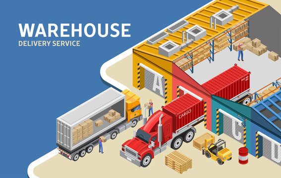 Isometric vector illustration of workers loading freight trucks with cargo in depot