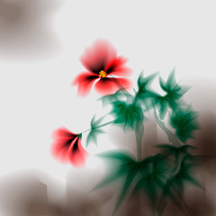 Hibiscus flowers. hibiscus ink effect. Stylization under the work of Chinese artists. A template for the design.