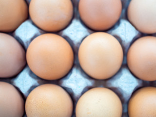 Close-up blurred top view of raw chicken eggs background.