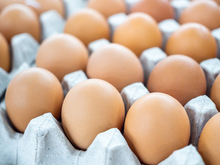 Close-up view of raw chicken eggs in egg box.