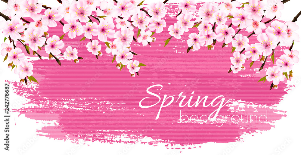 Poster spring nature background with a pink blooming sakura. vector.
