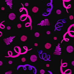 Watercolor pink and purple abstract shapes and spirals seamless pattern