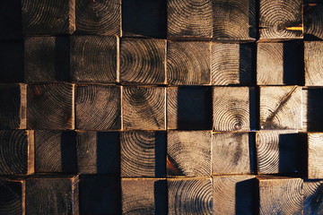 Decoration wooden blocks wall close up. Close up block of the wood wall backgrounds, abstract textures