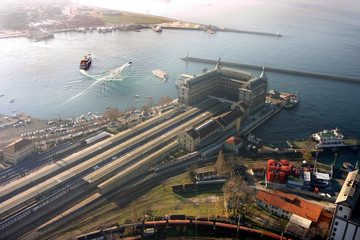 Haydarpasa Railway Station Building from air in Istanbul, Turkey.