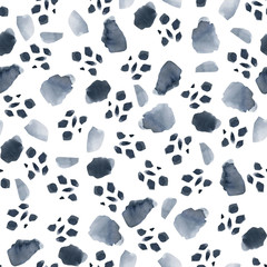 Fototapeta premium Watercolor indigo abstract strokes and stains seamless pattern