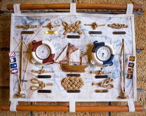 Vintage map and accessories for the treasure hunt and travel. Vintage sea chart on canvas