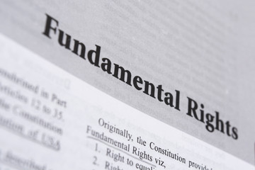 Obraz premium Maski,Karnataka,India - January 4,2019 : Fundamental Rights printed in book with large letters.