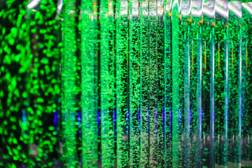 Abstract green bokeh background in selective focus. Bokeh bubbles abstract texture. Blurred bright light bubbles