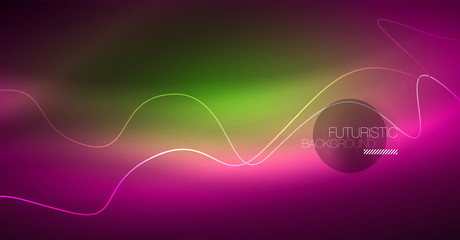 Abstract shiny glowinng color wave design element on dark background - science or technology concept