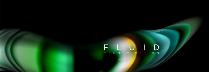 Bright colorful liquid fluid lines on black, modern abstract background
