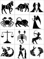 Set of 12 Zodiac, Astrology Signs - Black and White Illustration