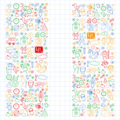 Vector doodle set with kindergarten children. Small kids play, learn, having fun together