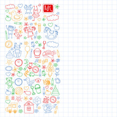 Vector doodle set with kindergarten children. Small kids play, learn, having fun together