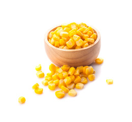 sweet corn in wooden bowl isolated on white background