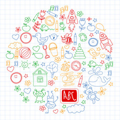 Fototapeta premium Vector doodle set with kindergarten children. Small kids play, learn, having fun together