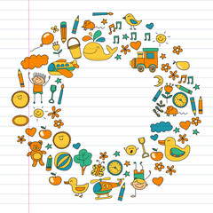 Obraz premium Vector doodle set with kindergarten children. Small kids play, learn, having fun together