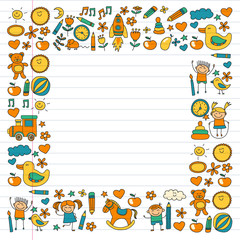 Obraz na płótnie Canvas Vector doodle set with kindergarten children. Small kids play, learn, having fun together