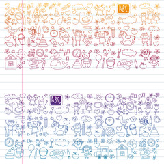 Vector doodle set with kindergarten children. Small kids play, learn, having fun together