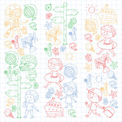 Happy children playing at seashore, beach, sea, ocean. Kids vacation and travelling. Swimming, doodle icons globe, cruise ship, cocktails