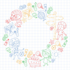 Happy children playing at seashore, beach, sea, ocean. Kids vacation and travelling. Swimming, doodle icons globe, cruise ship, cocktails