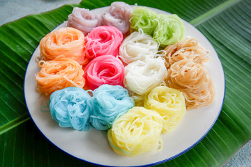 Food thai noodle vermicelli / colorful rice noodle vermicelli on white plate