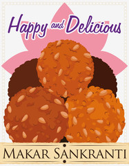 Delicious Til Laddus and Greeting Scroll for Traditional Makar Sankranti, Vector Illustration