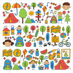 Obraz na płótnie Canvas Vector set of camping, hiking icons for little children. School and kindergarten kids vacation.