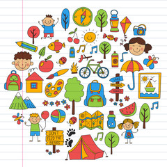 Vector set of camping, hiking icons for little children. School and kindergarten kids vacation.