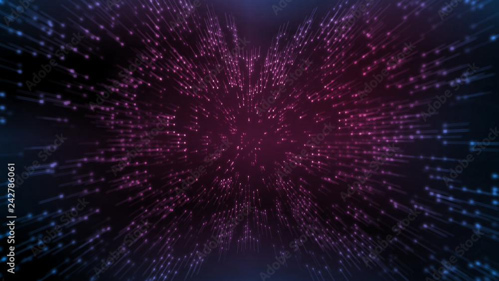 Poster abstract technology background. glowing particle dots moving to center of screen with dark purple gr
