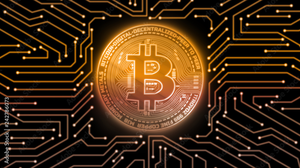 Poster golden glow digital bitcoin on isolated computer printed circuit board. for crypto market exchange p
