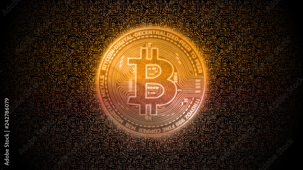 Poster golden glow digital bitcoin on isolated computer printed circuit board. for crypto market exchange p