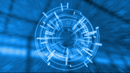 Abstract technology background. Futuristic sci fi style interface hud with blur glowing warp speed dots in mirror room. For high tech product, advertisement, cryptocurrency, deep machine learning. 