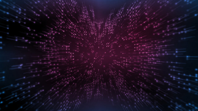 Abstract technology background. Glowing particle dots moving to center of screen with dark purple gradient shading color. For technical product, Artificial intelligence, Deep machine learning concept