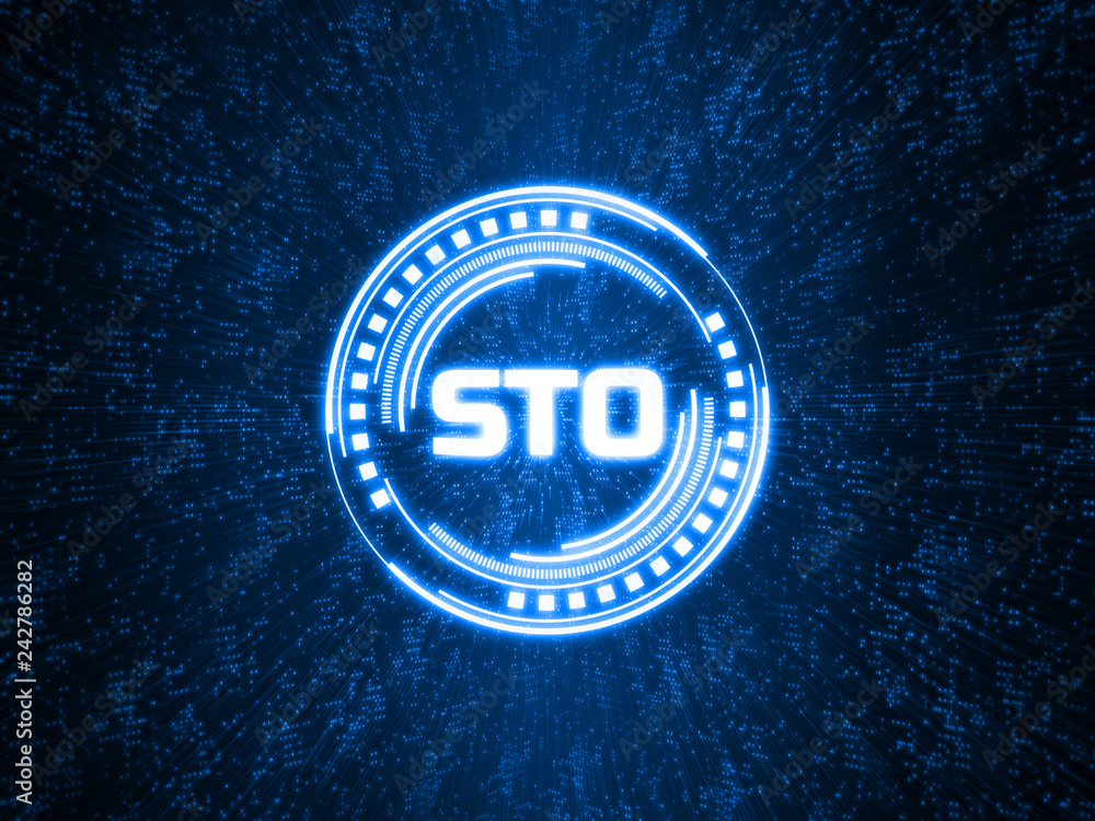 Poster security token offering (sto) text written in binary format on abstract dots geometry background. fo