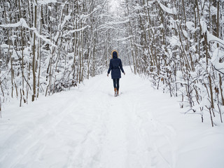 Silhouette of a woman in a snowy forest.