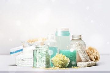 Fototapeta na wymiar Spa set: Aromatherapy bottles with scrub