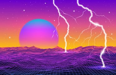 Retro 80s styled futuristic landscape with neon sun or moon and lightning in digital space with shiny grid