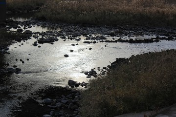 Surface of a river sparkles in the winter sunlight