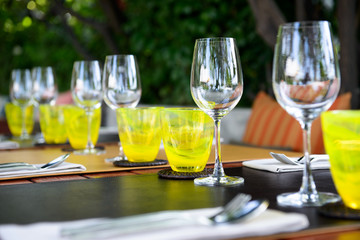 Wine glasses on table in restaurant