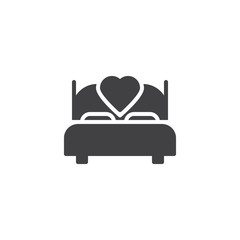 Bed with heart vector icon. filled flat sign for mobile concept and web design. Couple making love bed simple solid icon. Valentine's day symbol, logo illustration. Pixel perfect vector graphics