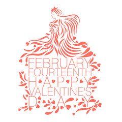 Abstract vector design of Love goddess in living coral color with the text February Fourteenth Happy Valentine's Day on a white background color
 