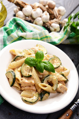 Penne pasta witch chicken and zucchini in cheese sauce