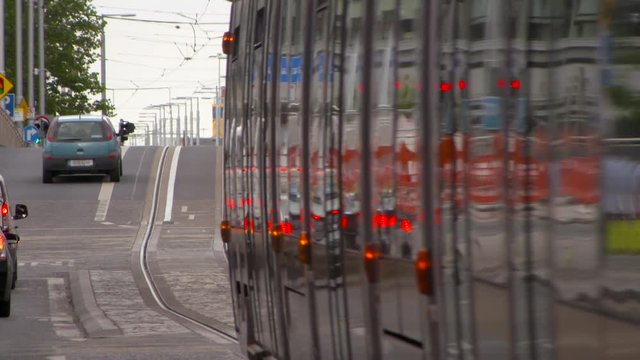 Lockdown: Modern Tram of Dublin Ireland Passing the Intersection