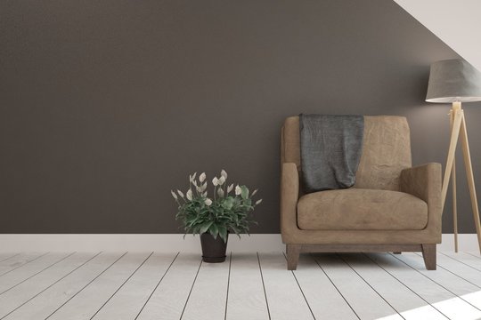 Inspiration of dark minimalist room with armchair. Scandinavian interior design. 3D illustration