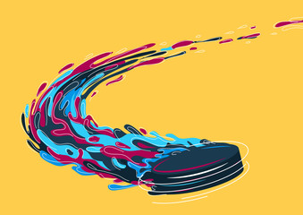 Vector image of flying in an arc hockey puck, leaves a wavy trail of wavy elements and lines