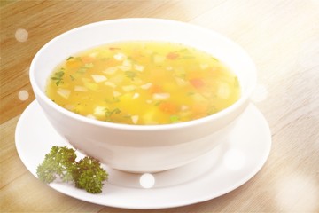 Bowl of vegetables delicious soup, close-up view