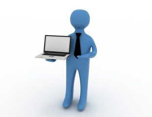 3d white man standing with a laptop